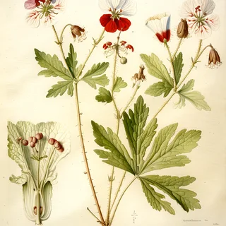 Ilustración botánica de Geranium maculatum